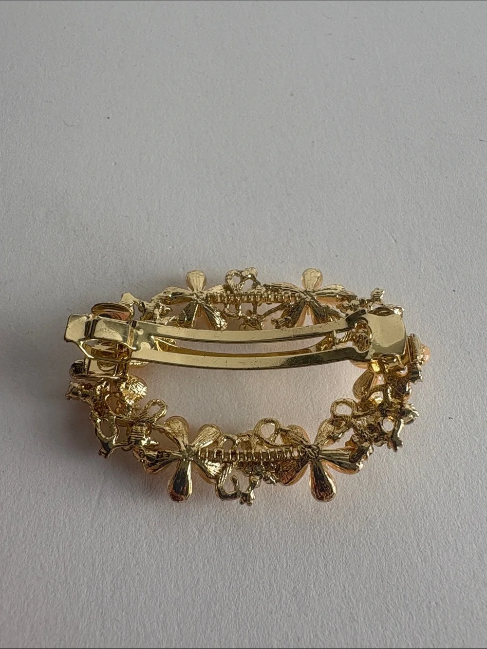 Gold Floral Hair Barrette Peach Flowers Crystal Rhinestone Accent
